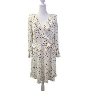 DKNY Polka Dot Faux Wrap Bell Sleeve Ruffle Detail Dress Size 6